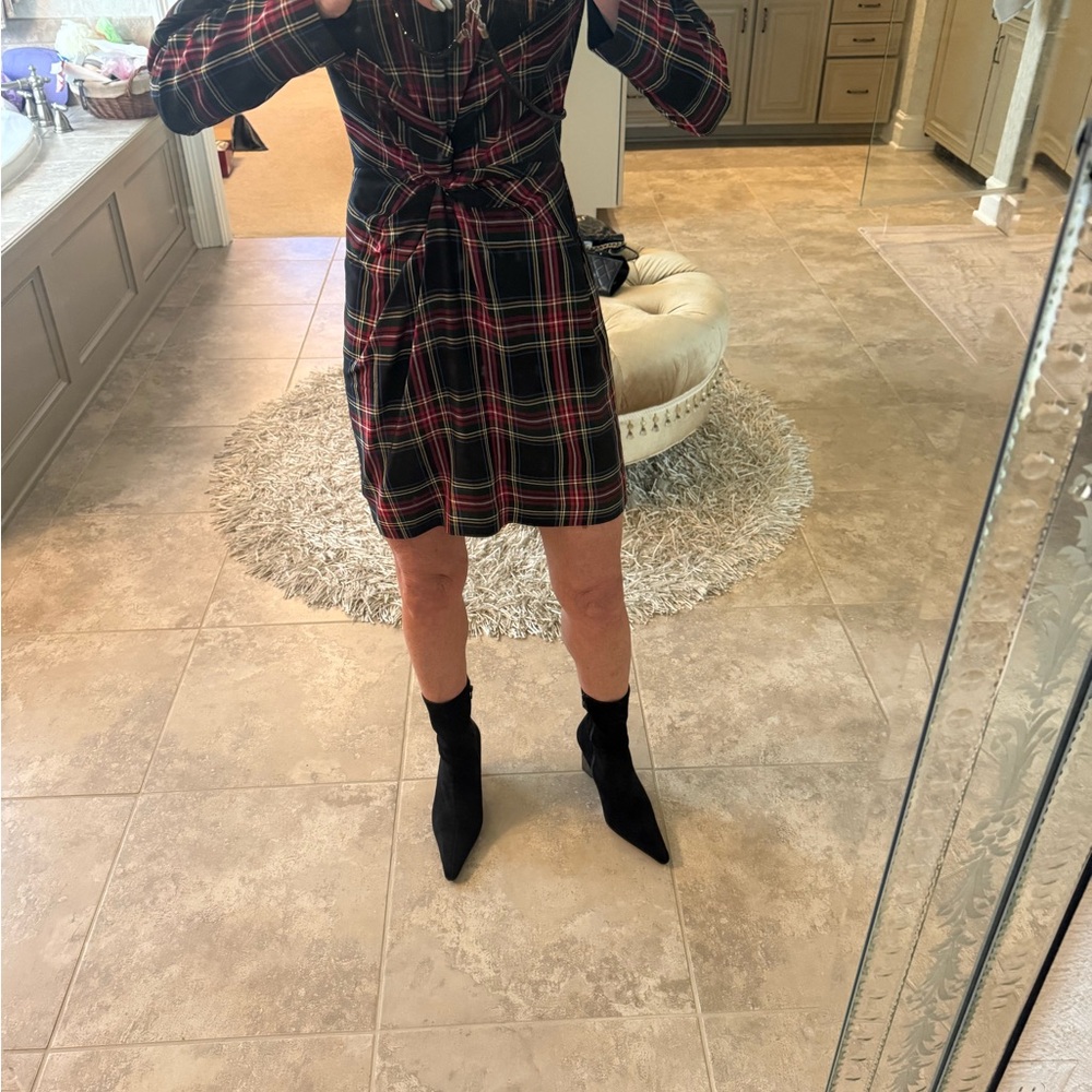 Maje Red and Black Plaid Long Sleeve Dress